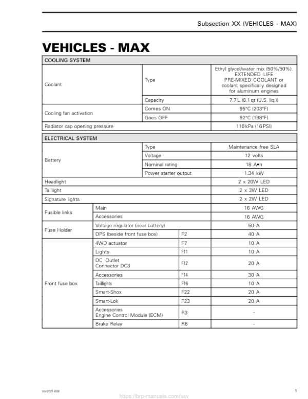 SSV Technical Specifications (Maverick MAX Series) Shop tmr2021 008 en Manual