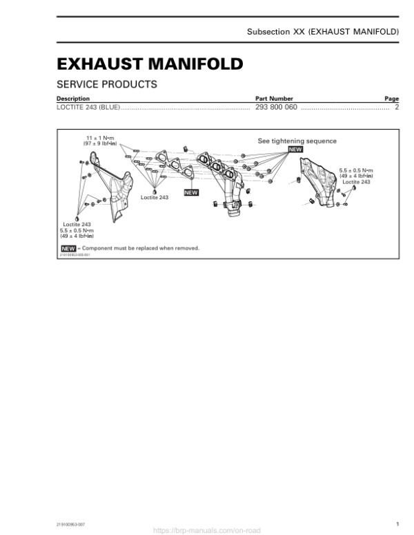 ON ROAD Exhaust manifold Shop 219100953 007 Manual