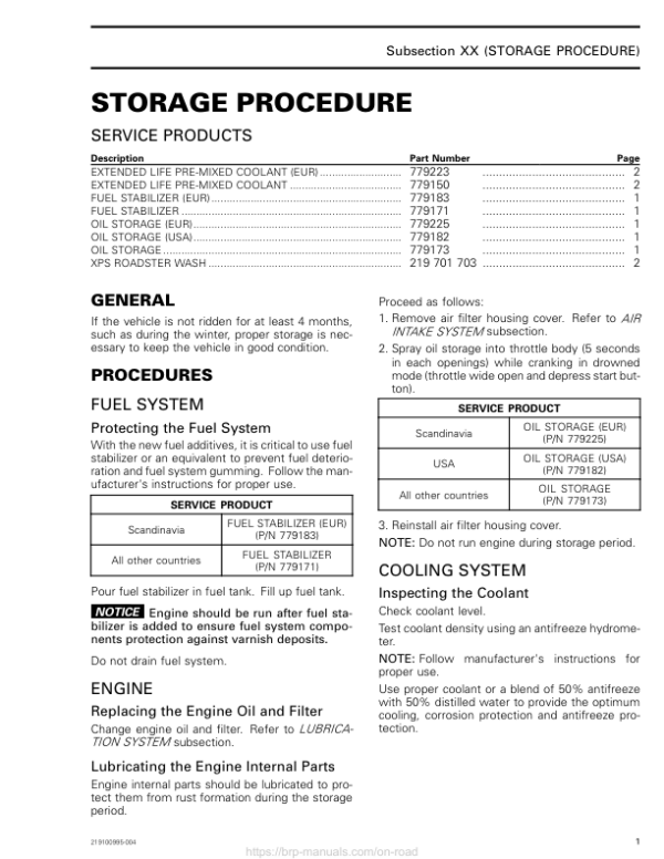 ROAD Storage Procedure Shop 219100955 004 Manual