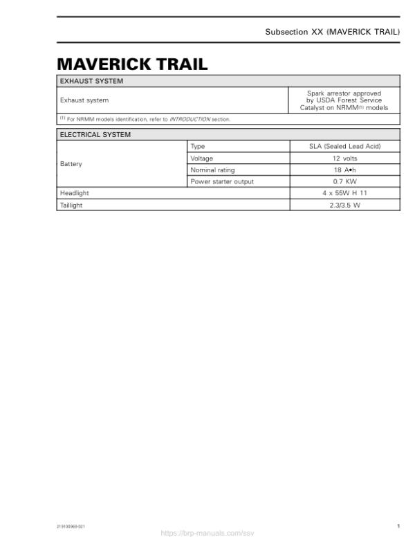 SSV 2019 Technical Specifications Maverick Trail Shop Supp 219100969 021 Manual