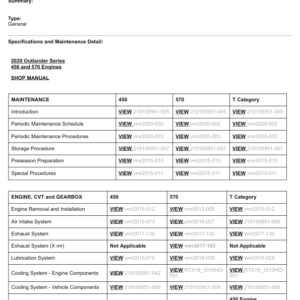 2020 ATV Outlander Series 450 570 Engines (table of contents) Manual