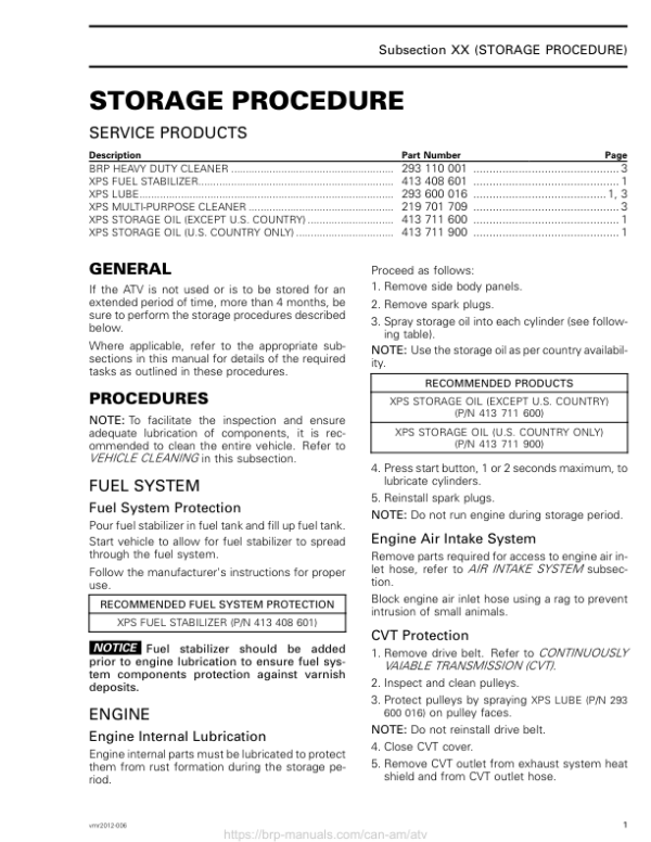 ATV 2013 Storage Procedures vmr2013 006 Manual