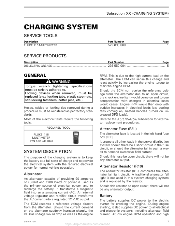 Road 2020 Charging System 219101011 011 Manual