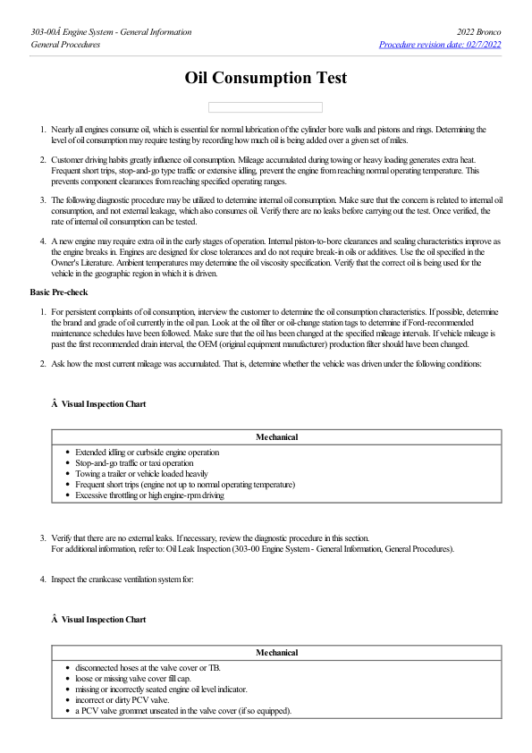 Oil Consumption Test G2219087 Manual