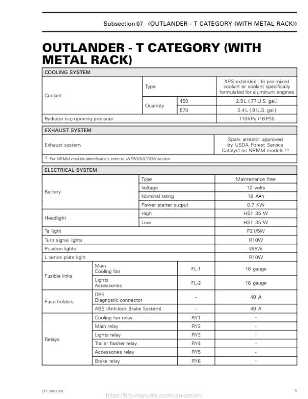 ATV 2019 Tech Spec Outlander T category (With Metal Rack) Supp 219100951 039 Manual