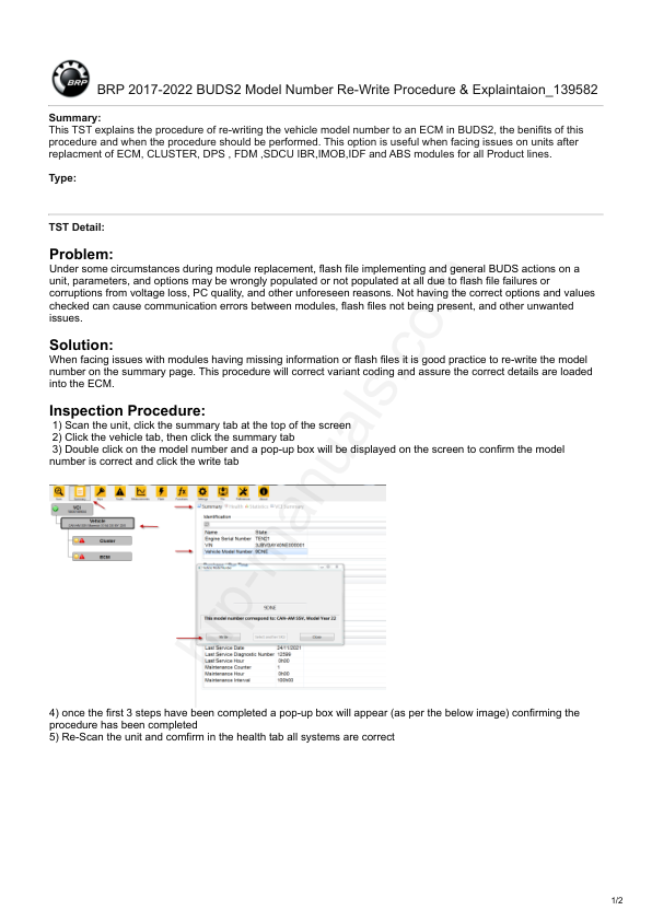 BRP 2017 2022 BUDS2 Model Number Re Write Procedure & Explaintaion 139582 Manual