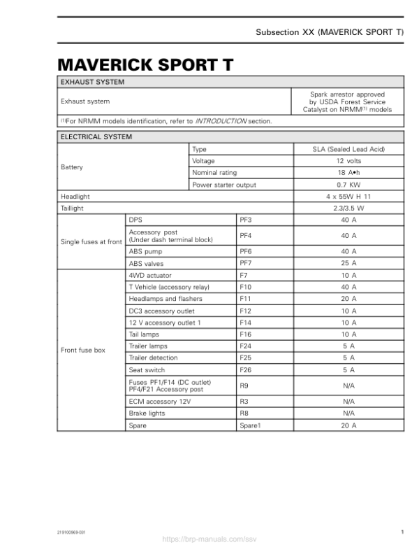 SSV 2019 Technical Specifications Maverick Sport T Shop Supp 219100969 031 Manual