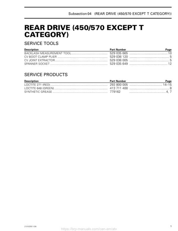 ATV 2019 Rear Drive (450,570, except T Category) Outlander Shop Supp 219100951 036 Manual