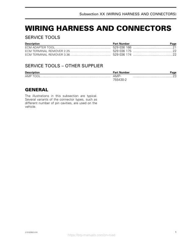 ON ROAD Wiring Harness and Connectors Shop 219100953 016 Manual