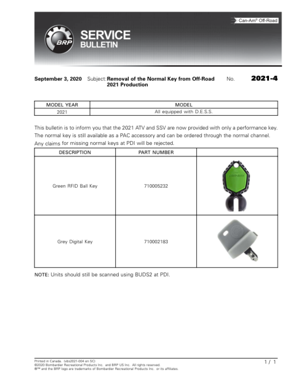 ATV 2021 4 en Removal of the Normal Key from Off Road 2021 Production Manual