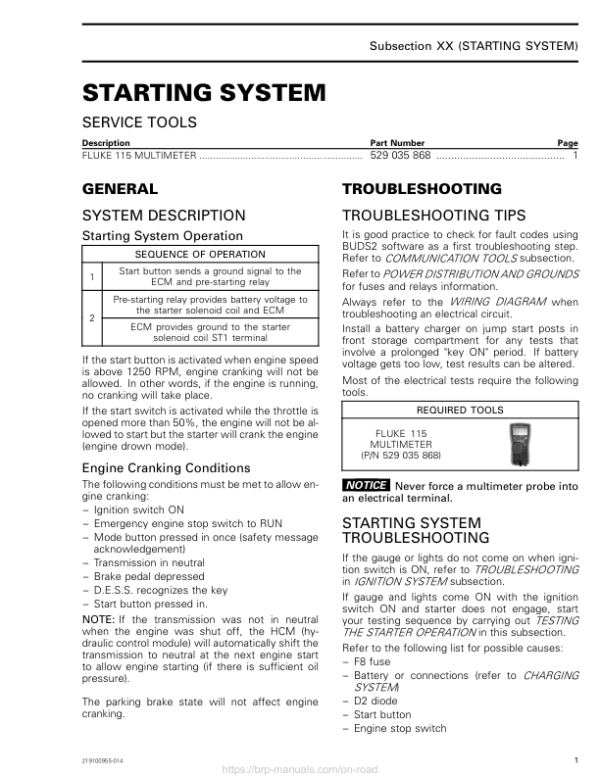 ROAD Starting System Shop 219100955 014 Manual