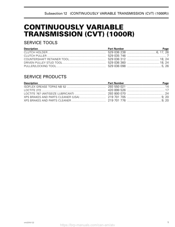 ATV CVT 1000R (Outlander) Shop supplement vmr2016 122 Manual