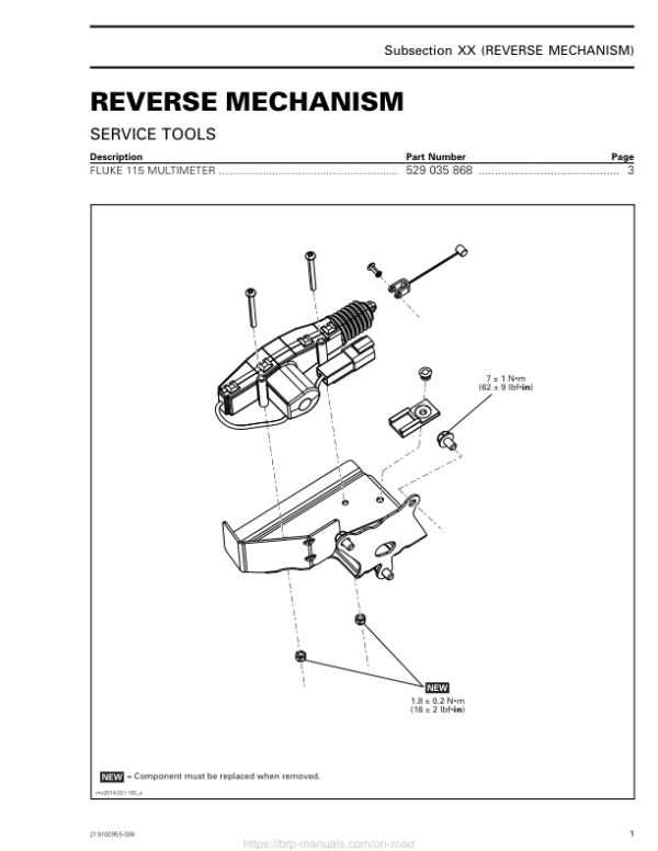 ROAD Reverse Mechanism Shop 219100955 008 Manual