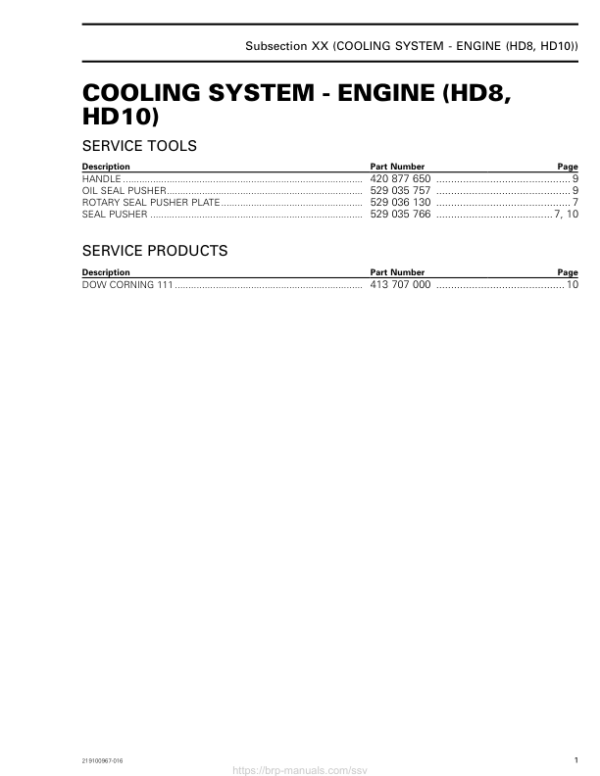 SSV 2019 Cooling System Engine (HD8, HD10) 219100967 016 Manual