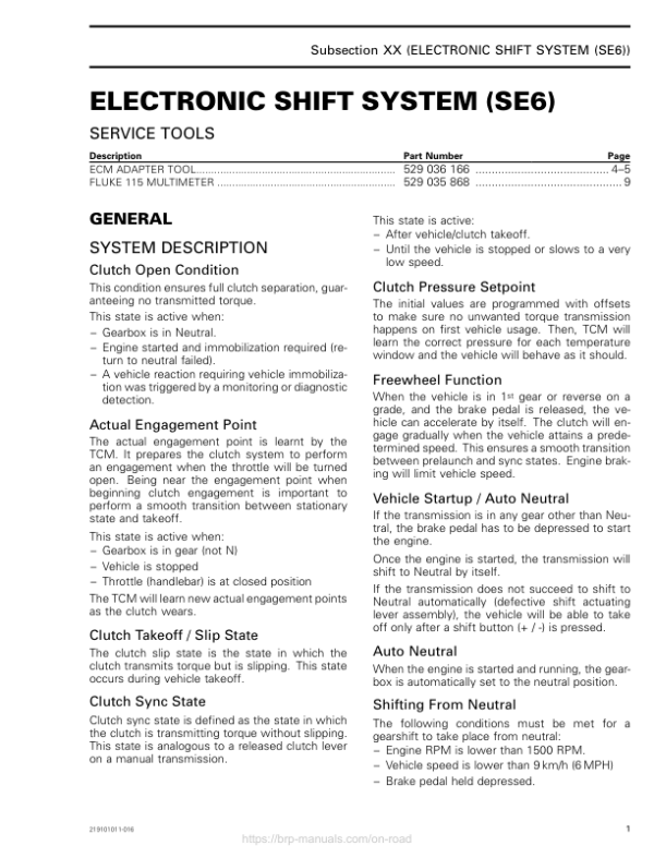 Road 2020 Electronic Shift System (SE6) 219101011 016 Manual