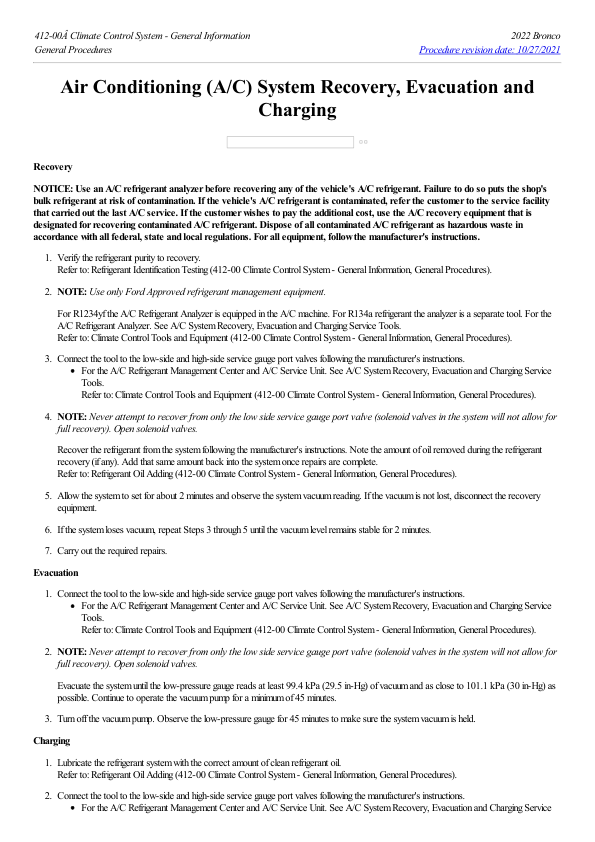 Air Conditioning (A C) System Recovery, Evacuation and Charging G2229731 Manual