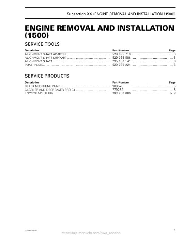 Engine Removal (1500 engine) GTI GTR WAKE 155 Shop Supp. 219100961 007 Manual