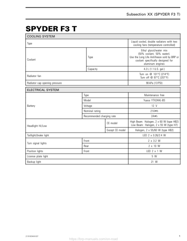 ON ROAD Technical Specifications Vehicle F3 T Shop 219100953 037 Manual