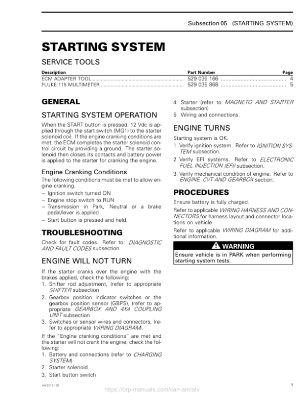 ATV Starting System (Outlander) Shop supplement vmr2016 136 Manual