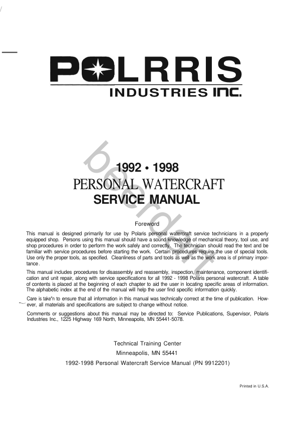 Polaris PWC 1992 1998 Factory Manual