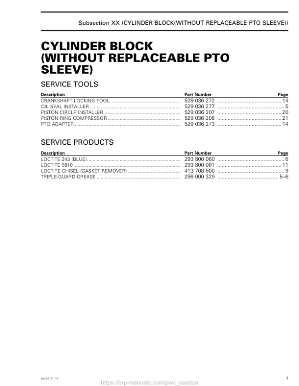 Cylinder block without PTO sleeve (Spark Series) Shop supplement smr2016 115 Manual