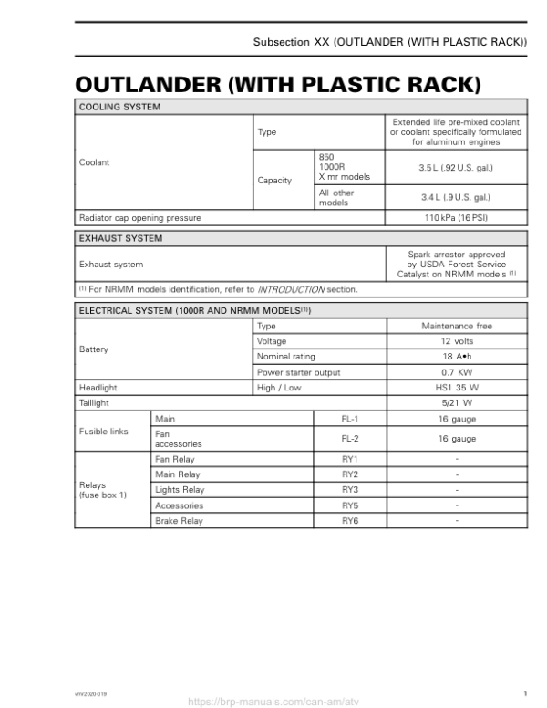 ATV 2020 Tech Specs Outlander (Plastic Rack) Shop Supp vmr2020 019 Manual