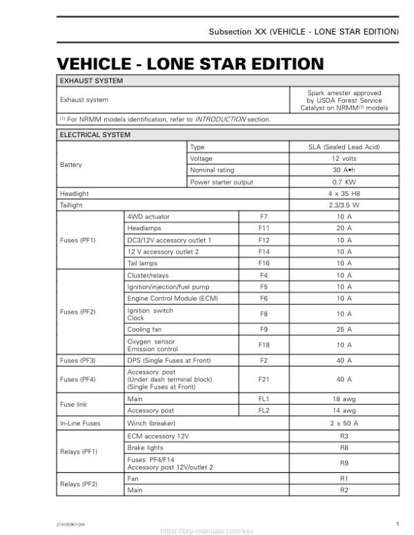 SSV 2019 Technical Specifications Vehicles (Lone star edition) 219100967 034 Manual