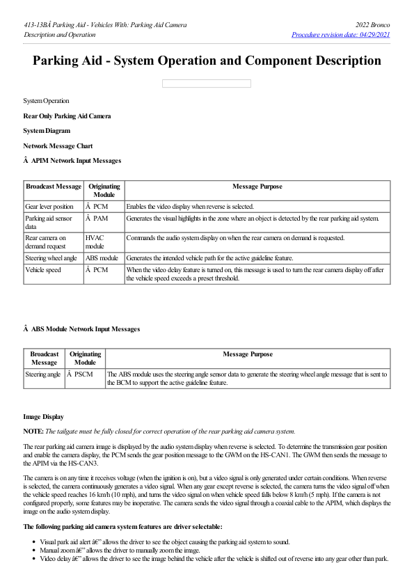 Parking Aid System Operation and Component Description G2217562 Manual