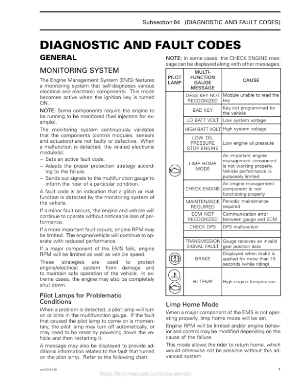 ATV Diagnostic and Fault Codes (Outlander) Shop supplement vmr2016 129 Manual