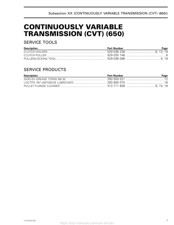 ATV MY18 Continuously Variable Transmission (650) 219100885 026 Manual