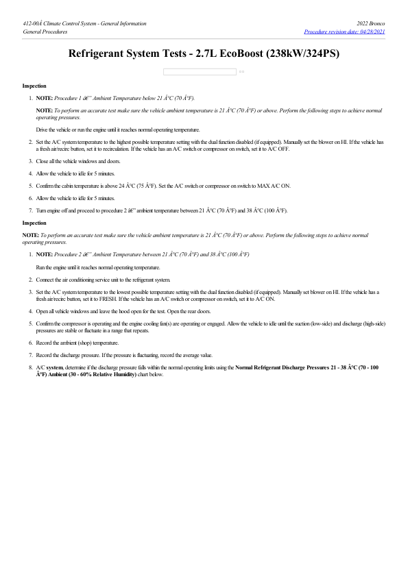 Refrigerant System Tests 2.7L EcoBoost (238kW 324PS) G2229741 Manual
