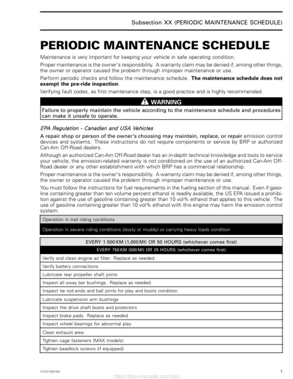 SSV 2020 Periodic Maintenance Schedule Commander Shop Supp. 219101009 002 Manual