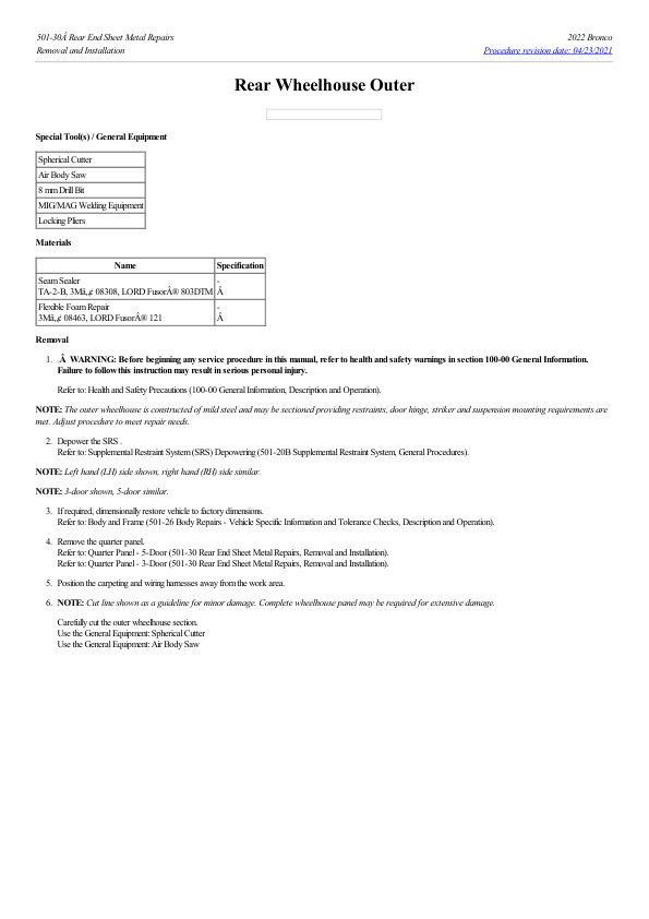 Rear Wheelhouse Outer G2230171 Manual