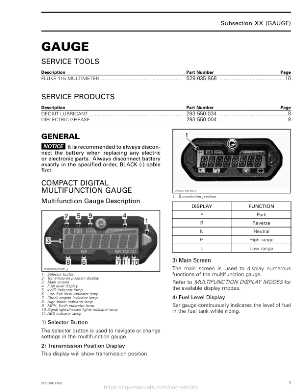 ATV 2018 Gauge (New T3) Shop 219100881 020 Manual