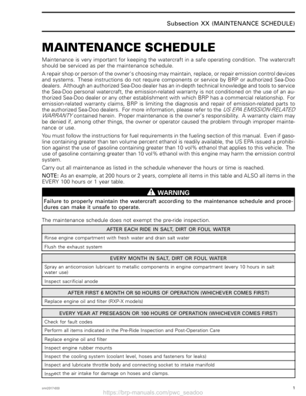 Maintenance Schedule LINE UP SEA DOO Manual