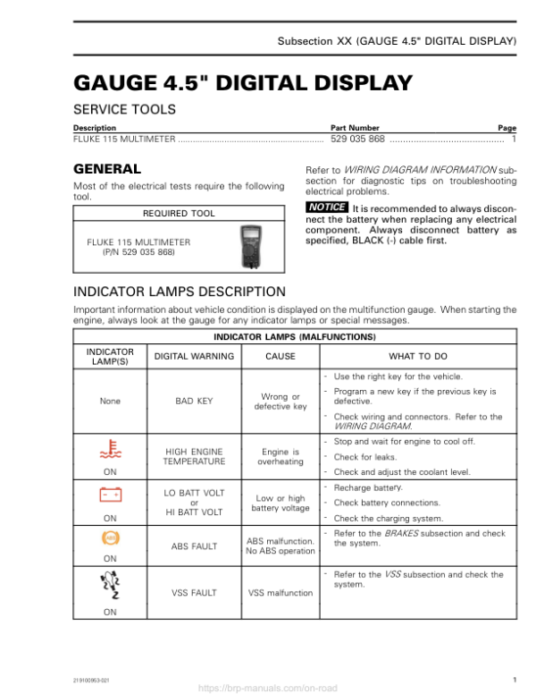 ON ROAD Gauge 4.5`` Digital Display Shop 219100953 021 Manual