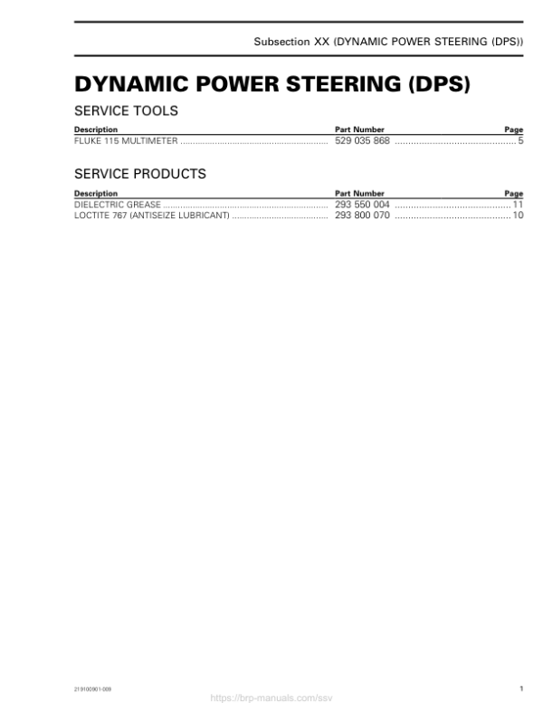 SSV Dynamic Power Steering (DPS) (Traxter Series) Shop supp. 219100901 009 Manual