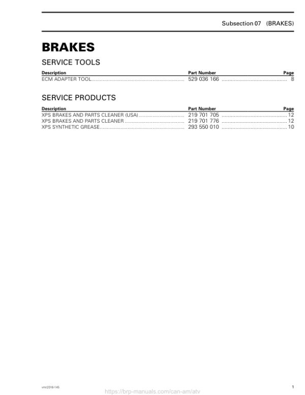 ATV Brakes (Outlander) Shop supplement vmr2016 145 Manual