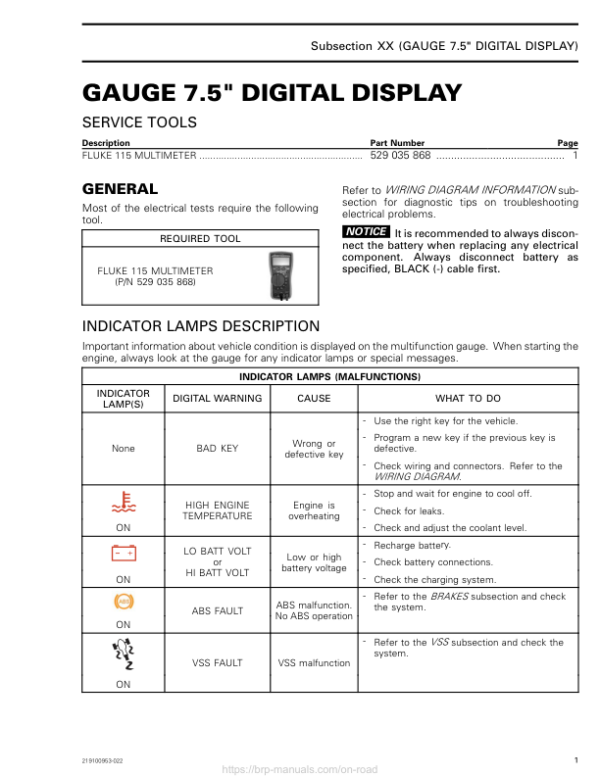 ON ROAD Gauge 7.5`` Digital Display Shop 219100953 022 Manual