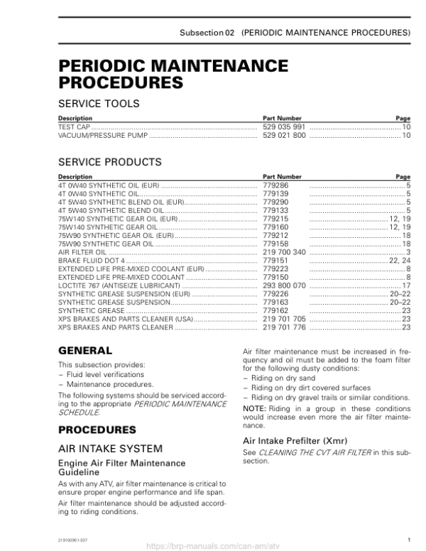 ATV 2019 Periodic Maintenance Procedures Outlander Shop Supp 219100951 037 Manual