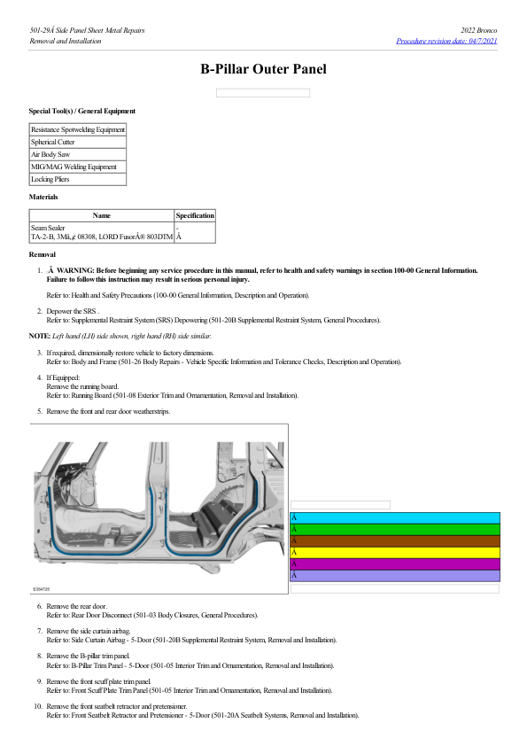 B Pillar Outer Panel G2230185 Manual