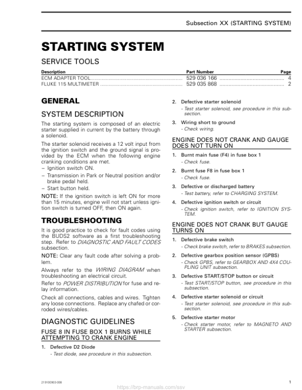 SSV 2018 Starting System (MAVERICK X3 X rc) Shop Supp 219100903 008 Manual