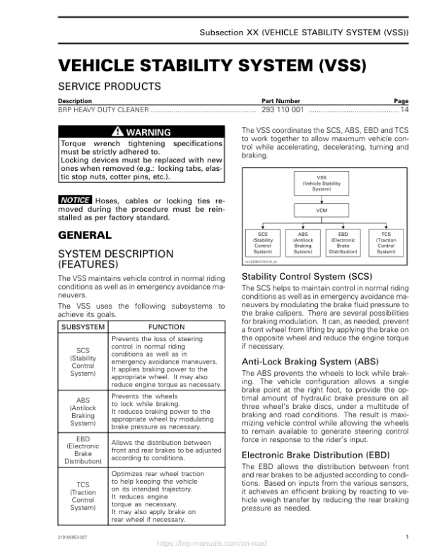 ON ROAD Vehicle Stability System (VSS) Shop 219100953 027 Manual