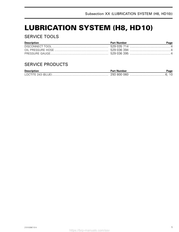 SSV 2019 Lubrication System (HD8, HD10) 219100967 014 Manual