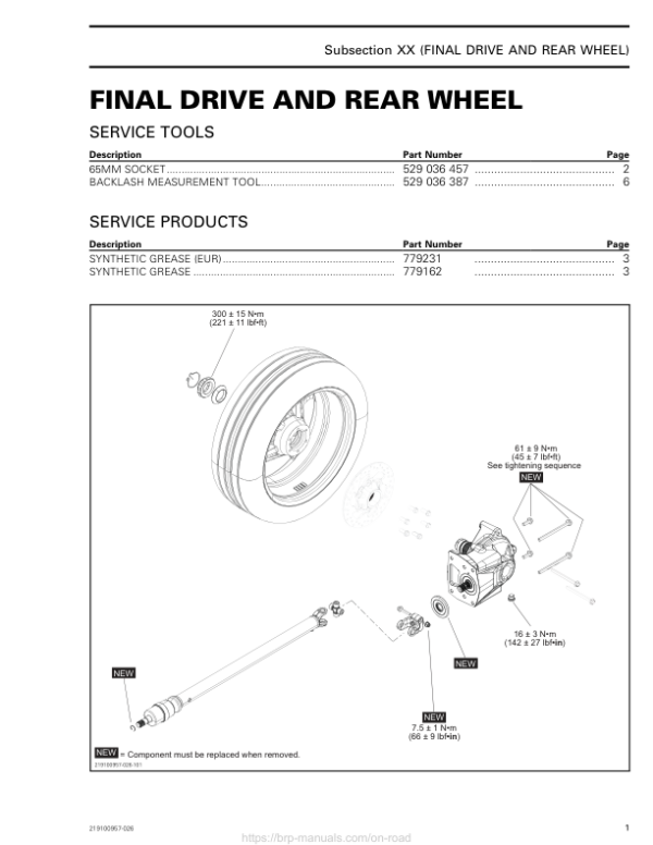 Roadster 2019 Final Drive and Rear Wheel Ryker Shop 219100957 026 Manual