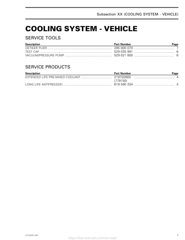 Roadster 2018 Cooling System Vehicle (RT) Shop 219100891 008 Manual