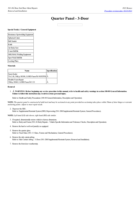 Quarter Panel 3 Door G2230168 Manual