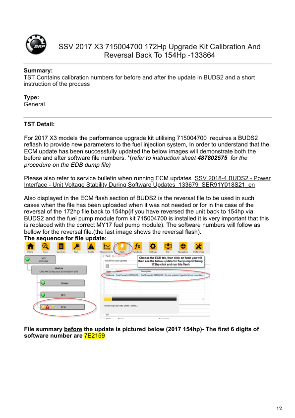 SSV 2017 X3 715004700 172Hp Upgrade Kit Calibration And Reversal Back To 154Hp 133864 Manual