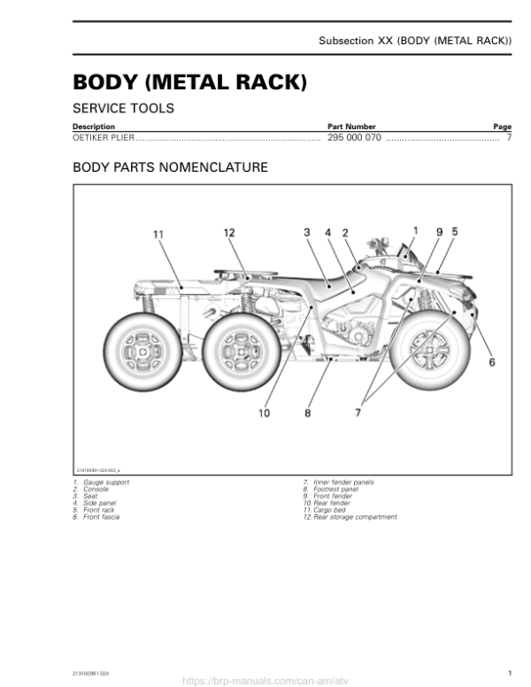 ATV 2019 Body (Metal Rack) Outlander Shop Supp 219100991 024 Manual