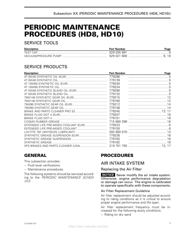 SSV 2019 Maintenance Procedures (HD8 HD10) 219100967 007 Manual